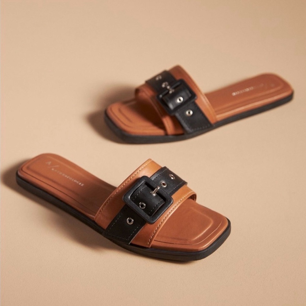 Anthropologie Leather Slide Buckle Sandals - Camel and Black - 9 / 40